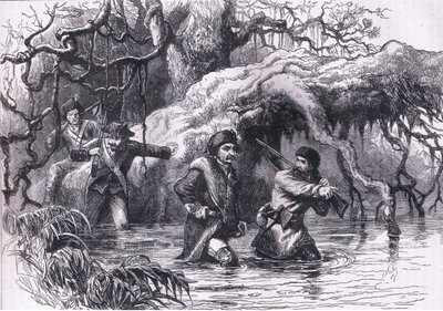 Clarke e seus soldados atravessando o Wabash, ilustração de Cassell History of the United States publicada por Cassell, Petter & Galpin, c.1900 (litho) de American English school