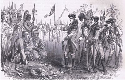 General Burgoyne dirigindo-se aos índios, ilustração de Cassells History of the United States publicada por Cassell, Petter & Galpin, c.1900 (litho) de American English school