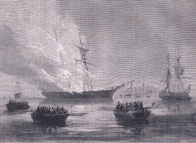A queima de Gaspe, ilustração de Cassells History of the United States publicada por Cassell, Petter & Galpin, c.1900 (litho) de American English school