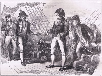 Os oficiais do Chesapeake oferecendo suas espadas, ilustração de Cassell History of the United States publicada por Cassell, Petter & Galpin, c.1900 (litho) de American English school