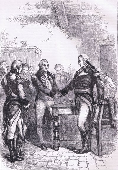 Washington despedindo-se de seus antigos camaradas, ilustração de Cassell History of the United States publicada por Cassell, Petter & Galpin, c.1900 (litho) de American English school