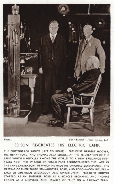 Thomas Edison recria sua luz elétrica para o Presidente Herbert Hoover e Henry Ford (foto a p/b) de American Photographer (after)