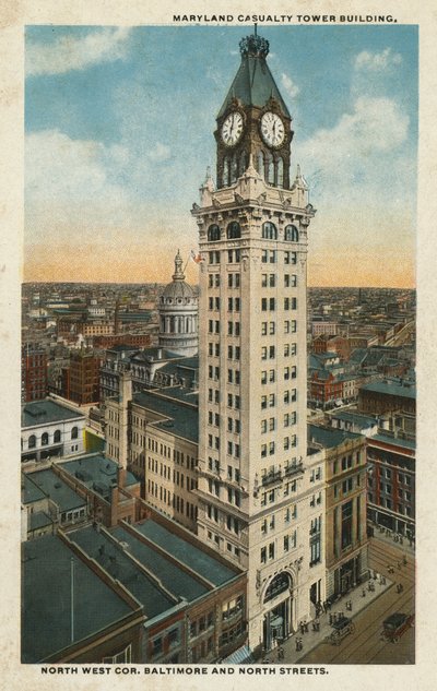 Baltimore, MA: Edifício Maryland Casualty Tower, esquina noroeste das ruas Baltimore e North (fotografia a cores) de American Photographer
