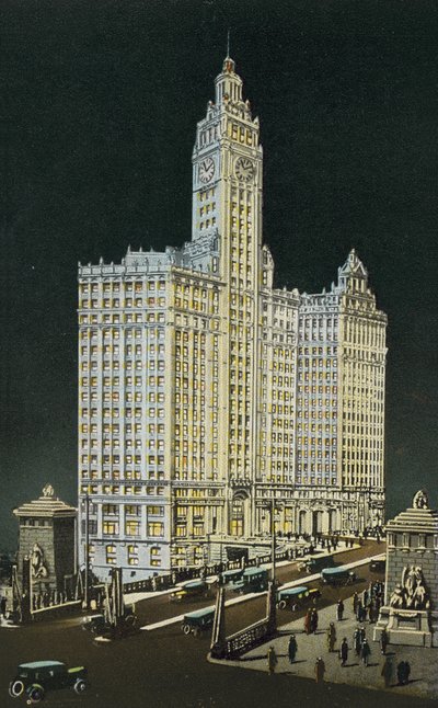 O edifício Wrigley, seção sul e norte, à noite (foto colorida) de American Photographer