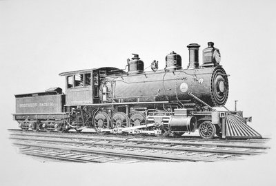 Uma locomotiva do tipo consolidação 2-8-0 construída pela Baldwin em junho de 1889 para a Ferrovia do Pacífico Norte (litho) de American School