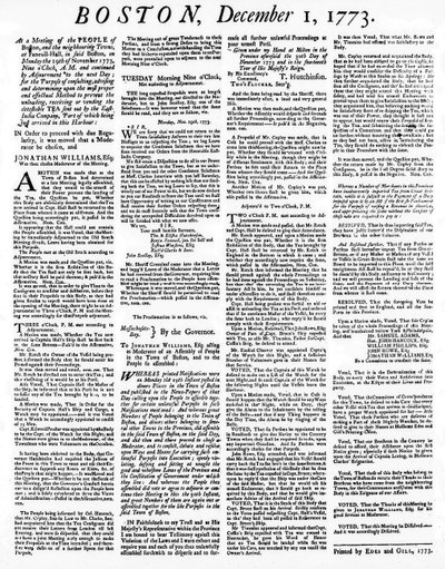 Um jornal Broadside detalhando os eventos do Boston Tea Party, dezembro de 1773 (impressão) de American School