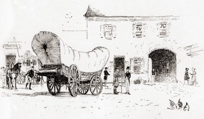 Uma carroça Conestoga no pátio Bull