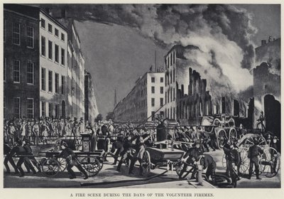 Uma Cena de Fogo durante os Dias dos Bombeiros Voluntários (litho) de American School