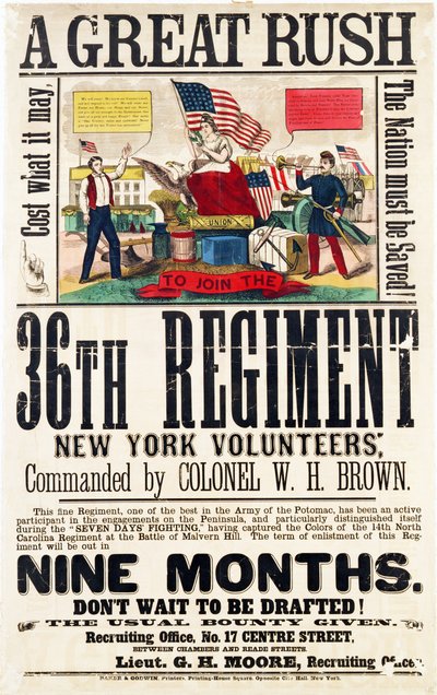 A Great Rush, cartaz de recrutamento para o 36º Regimento, publicado pela Baker & Goodwin de American School