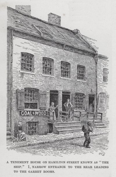 Um cortiço na Hamilton Street conhecido como "O Navio", 1, Entrada Estreita para a Traseira que leva às Salas do Garret (litho) de American School