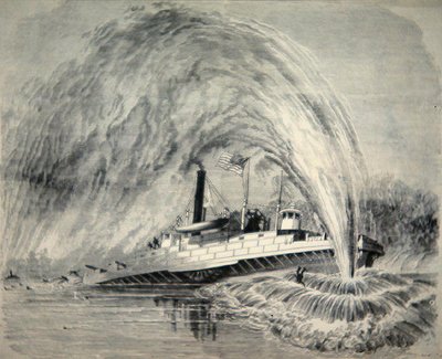 Um torpedo explode sob o Federal Gun-Boat 