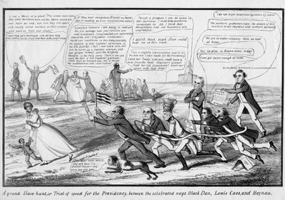 Uma grande caça de escravos, ou, Teste de velocidade para a presidência, entre os célebres nags Black Dan, Lewis Cass e Haynau, publicado por TC, Nova York, c.1852 de American School