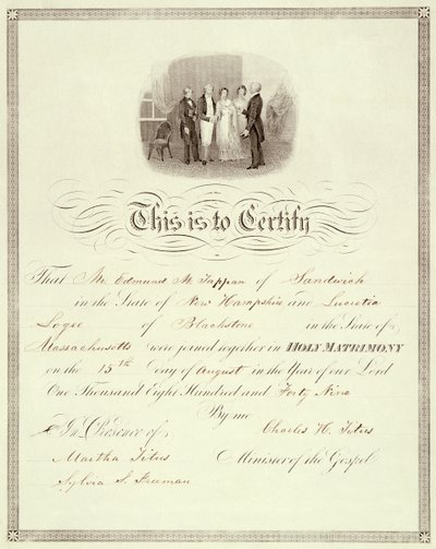 Uma certidão de casamento de 1849 de American School