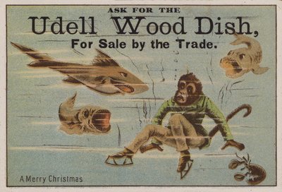 Um feliz Natal, publicidade em cartão de comércio de pratos de madeira Udell de American School