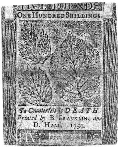 Uma nota de cem xelins impressa por B. Franklin e D. Hall, 1759 (impressão) de American School