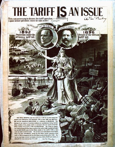 Um cartaz político defendendo o código tributário da McKinleys sobre a Wilsons de American School