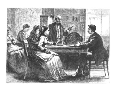 Uma mulher negocia com um gerente de fábrica, assistida por um consultor da Associação Protetora das Mulheres Trabalhadoras de Susan B. Anthonys, década de 1860-70 de American School