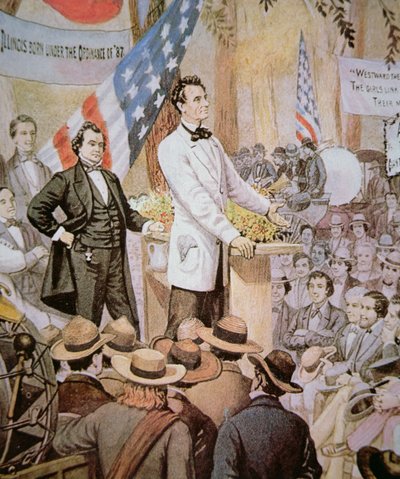 Abraham Lincoln (1809-65) em debate público com Stephen A. Douglas (1813-61) em Illinois de American School