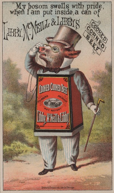Propaganda para a carne de cordeiro cozida de Libby, McNeill & Libby de American School