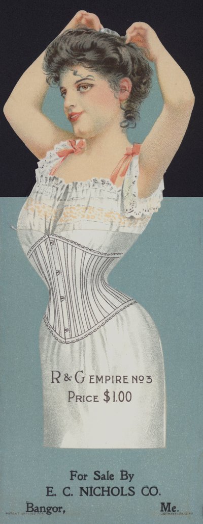 Anúncio para espartilhos femininos R & G (chromolitho) de American School