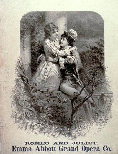 Anúncio para Romeu e Julieta, estrelado por Emma Abbott, Grand Opera Company de American School