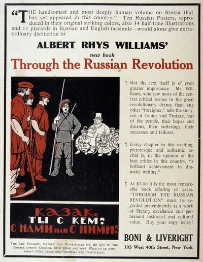 Publicidade para a venda do livro "The Russian Revolution", de Albert Rhys Williams, numa revista americana de American School