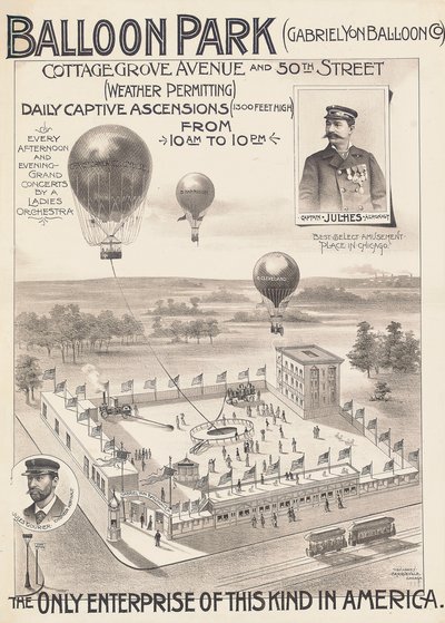 Cartaz de propaganda de um Balloon Park em Chicago, EUA, c.1888 de American School