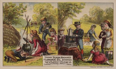 Máquinas de costura de publicidade de cartão comercial americano e fogões a óleo fabricados pela Florence Machine Company, Massachusetts, c1880s de American School