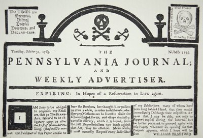 Uma resposta americana à Lei do Selo imposta britânica, pub. no The Pennsylvania Journal e Weekly Advertiser em 31 de outubro de 1765 (papel de jornal) de American School