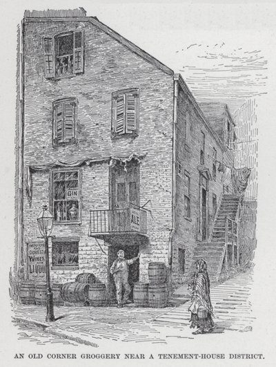 Um antigo canto Groggery perto de um Tenement-House District (litho) de American School