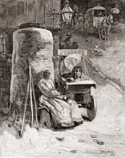 Uma vendedora de ostras com o seu carrinho perto do estaleiro naval de Washington, Washington D.C., no século XIX, da "The Century Illustrated Monthly Magazine", publicada em 1884 (gravura) de American School