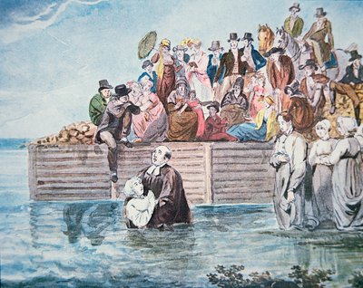 Anabaptistas da Filadélfia testemunham um baptismo de imersão total num rio (cor litho) de American School