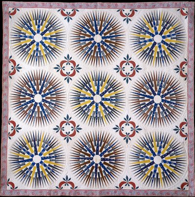 Applique and Pieced Mariner&39;s Compass and Hickory Leaf Quilt, c.1860 (algodão) de American School