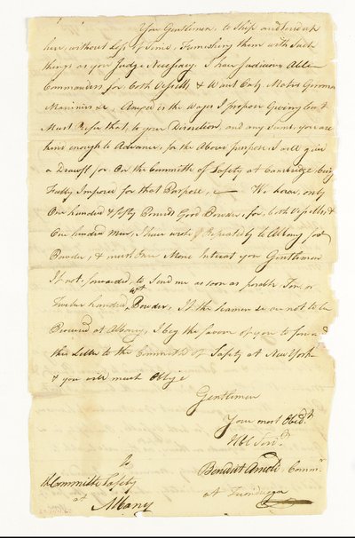 Arnold Benedict (1741-1801) General, Exército Continental, Traidor. Carta autógrafa assinada ("Benedict Arnold Commr. at Ticonderoga") para o Comité de Segurança de Albany, Ticonderoga, 22 de maio de 1775 (caneta e tinta sobre papel) de American School