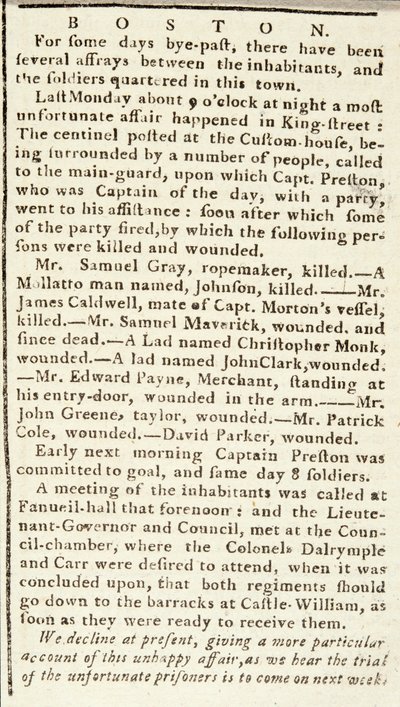 Artigo do Boston Chronicle detalhando os eventos do Massacre de Boston, 5 de março de 1770 (papel de jornal) de American School