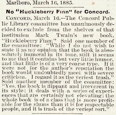 Artigo no Boston Daily Globe sobre o banimento do Huckleberry Finn em Concord, Massachusetts, a partir de 16 de março de 1885 (papel de jornal) de American School