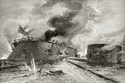 Batalha entre o Monitor e Merrimac em 1862, de "Uma Breve História dos Estados Unidos", publicado pela AS Barnes und Co. em 1885 de American School