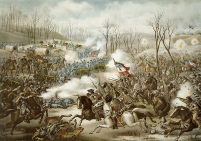 Batalha de Pea Ridge, Arkansas, 6-8 de Março, gravada por Kurz & Allison (cor litho) de American School