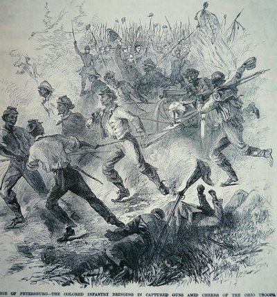 Tropas Negras do Exército da União trazem armas capturadas durante o cerco de Petersburgo (1864-65) (lito) de American School