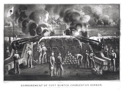 Bombardeio do forte Sumter, porto de Charleston do forte Moultrie, 12o e 13 de abril de 1861, bar. de Currier e Ives de American School