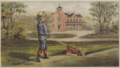 Menino cortando grama fora da casa de campo (cromolitho) de American School