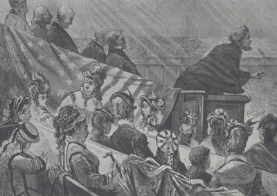 Brigham Young observado por suas muitas jovens esposas enquanto pregavam no Grande Tabernáculo Mórmon, Utah de American School