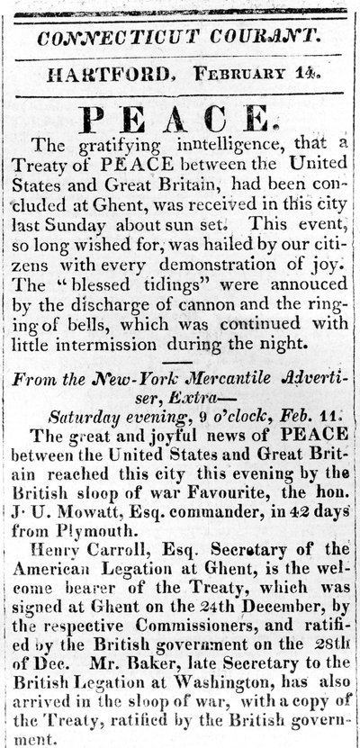 Broadside anunciando a paz entre os EUA e a Grã-Bretanha após a Guerra de 1812, impressa no Connecticut Courant, 1815 (impressão) de American School