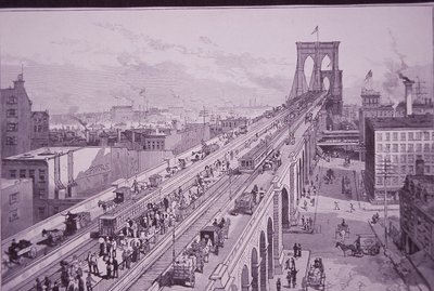 Ponte do Brooklyn logo após a cerimónia de abertura, publicada a 26 de Maio de 1883 (gravura) de American School