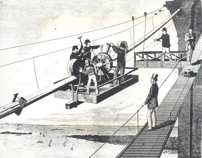 Ponte do Brooklyn em construção em 1876, entrançando os cabos de suspensão (gravação) de American School