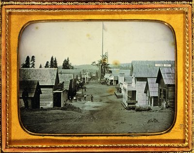 California Gold Mining Town, c.1852 (daguerreótipo de meia placa, estojo de couro em relevo) de American School