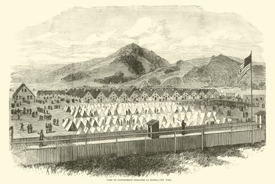 Acampamento dos prisioneiros confederados em Elmira, Nova York, maio de 1865 de American School