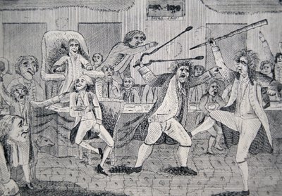 Desenho animado que retrata "a luta no Congresso entre o republicano Matthew Lyon e o federalista Roger Griswold". de American School