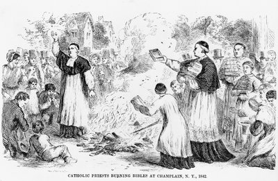 Sacerdotes católicos queimando Bíblias em Champlain, Nova York, ilustração de um panfleto anti-católica, 1842 de American School