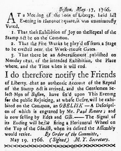 Celebração da Revogação da Lei do Selo, da Boston Gazette, 19 de maio de 1766 (papel de jornal) de American School